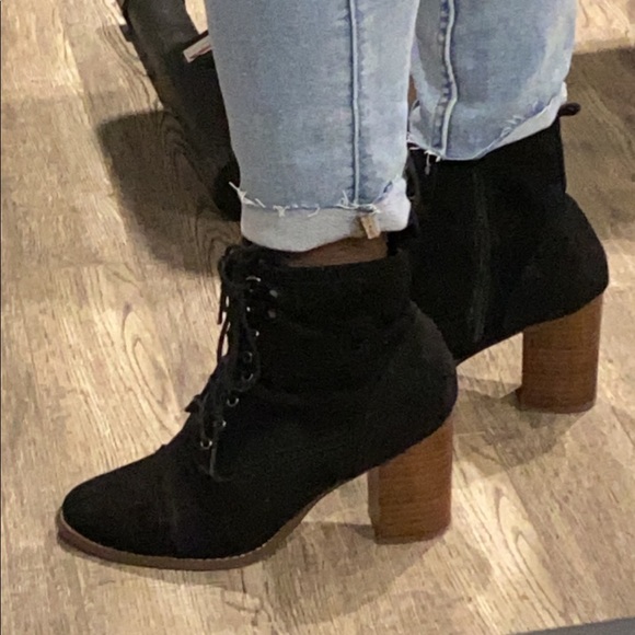Black Ankle Laced Up Booties with Wooden Heel - Picture 1 of 5